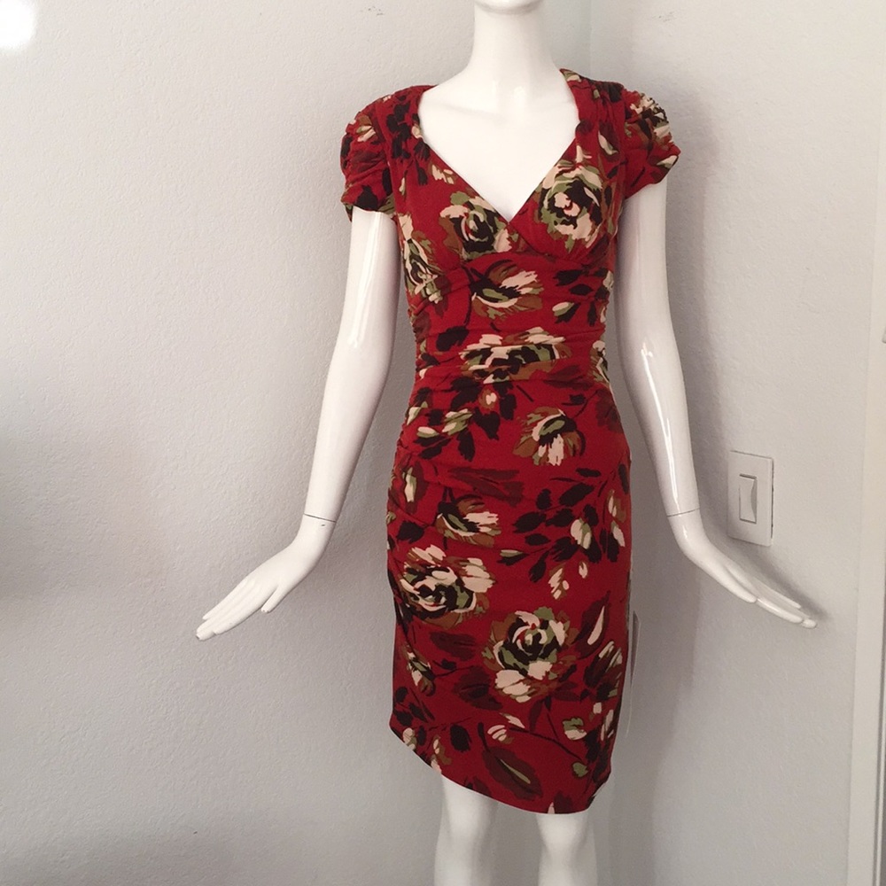 Cache floral rushed fitted novelty knit dress